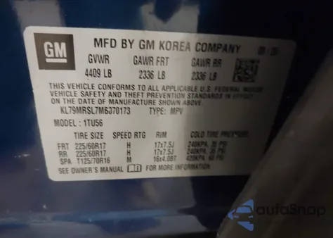 2021 Chevrolet Trailblazer Awd Lt from USA, damaged, VIN KL79MRSL7MB070173